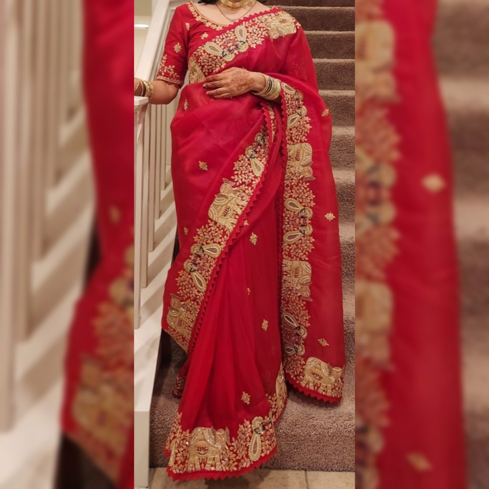 Red and Gold Embroidered Organza Saree NEGOTIABLE